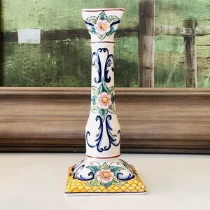 Portugal Hand Painted Ceramic Candlestick Signed Ala Agueda 184 Julio 9.25” Tall